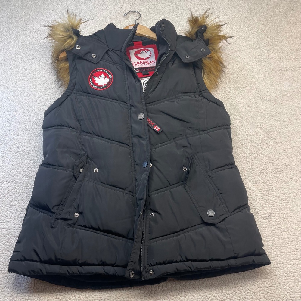 Canada Weathergear Vest Womens L Black OLCW698 Puffer Faux Fur Hood Fleece Lined